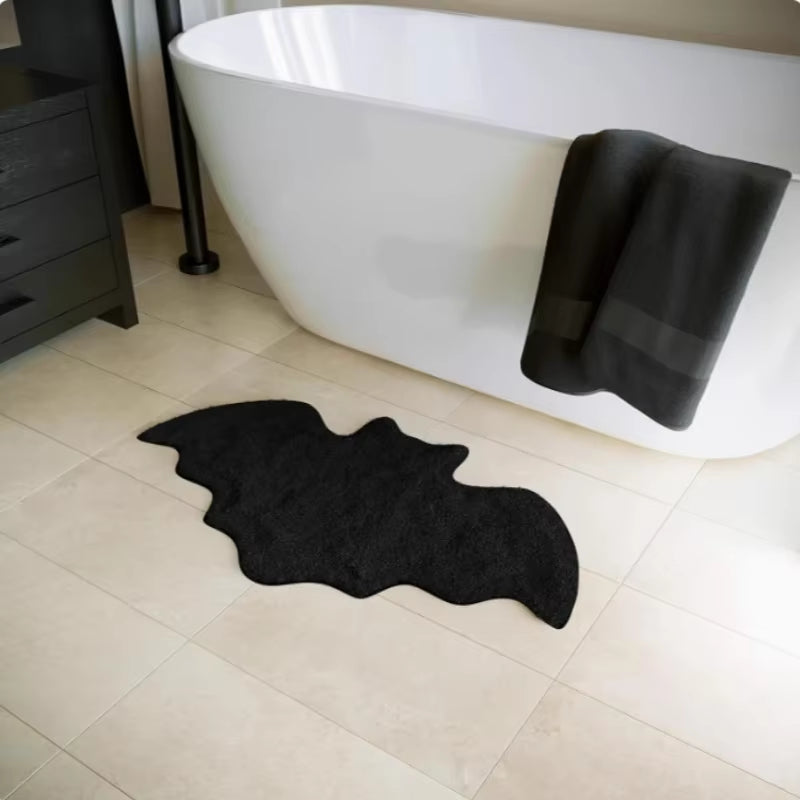 Halloween-Themed Bat-Shaped Non-Slip Bathroom Rug - Black Indoor Floor Mat for Living Room Decor